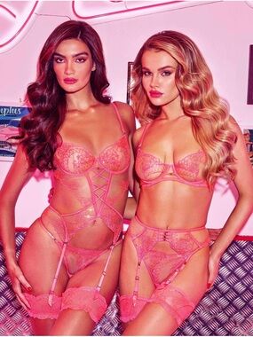 4pc Honey Birdette Neon Pink Bella 38H Bustier & Bra / XXL Suspender & Thong